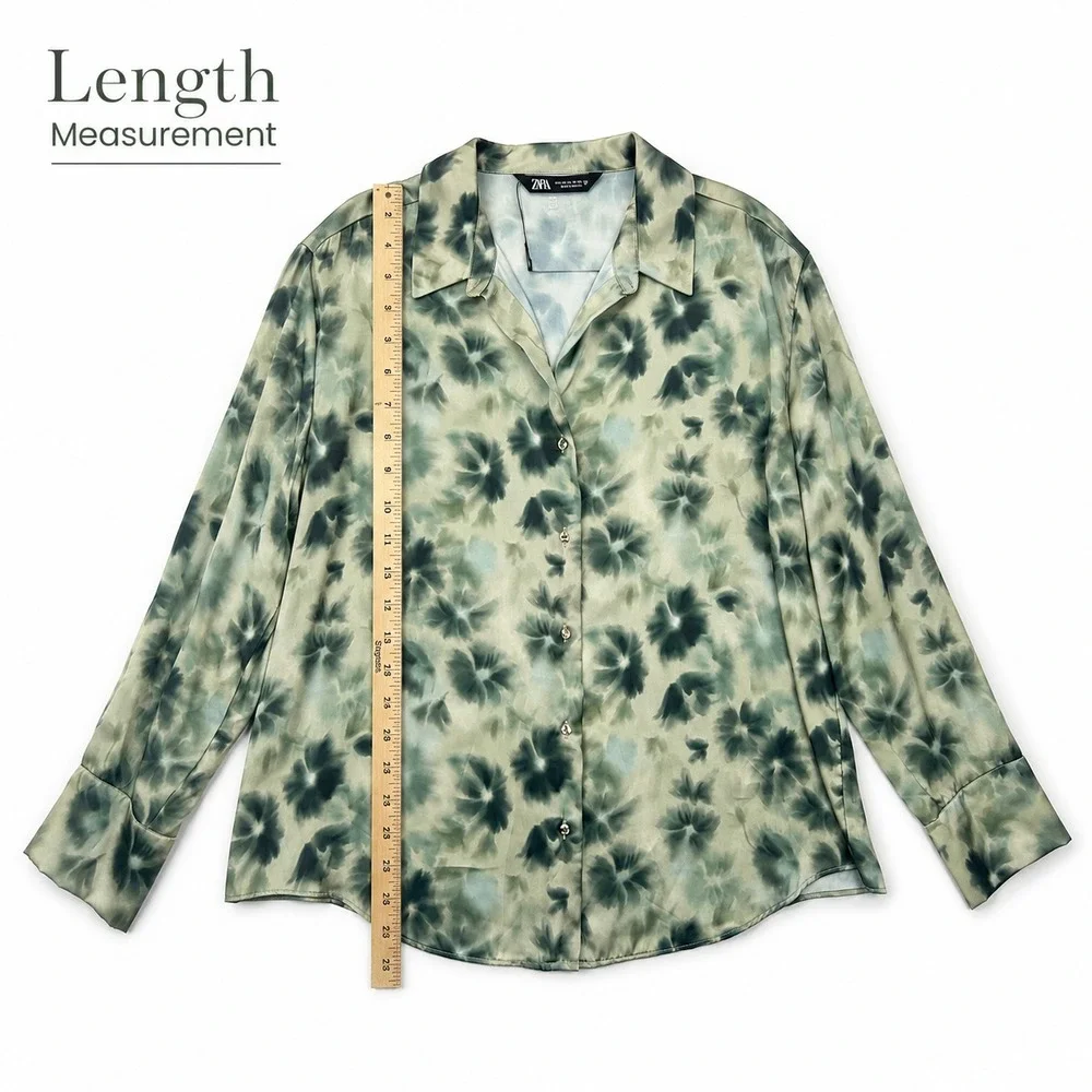 ZARA Green Floral Watercolor Satin Blouse Long Sleeve Button Up Shirt Top NNT